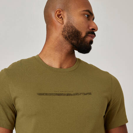 Men's Short-Sleeved Fitted Crew Neck Cotton Fitness T-Shirt - Khaki with Print