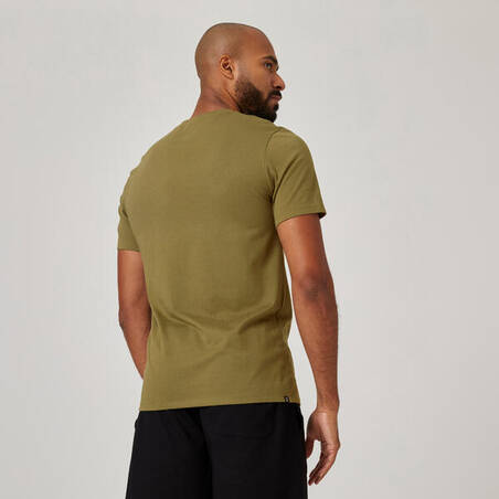 Men's Short-Sleeved Fitted Crew Neck Cotton Fitness T-Shirt - Khaki with Print