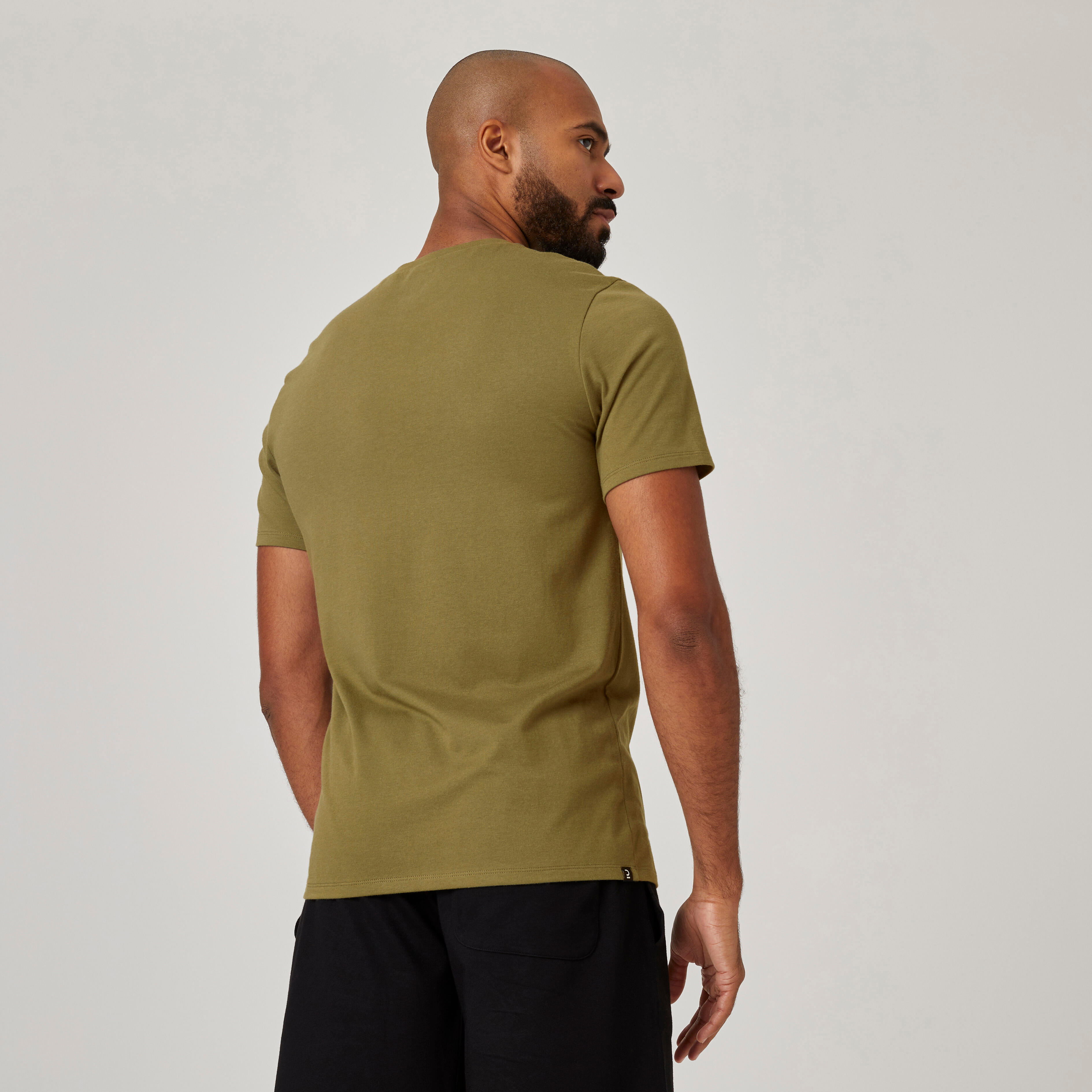 Men s Short Sleeved Fitted Crew Neck Cotton Fitness T Shirt Khaki with Print