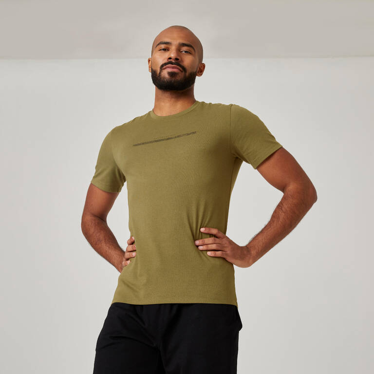 Men's Short-Sleeved Fitted Crew Neck Cotton Fitness T-Shirt - Khaki with Print