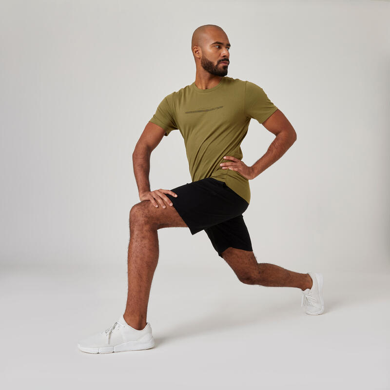 T-shirt fitness manches courtes ajusté col rond coton homme - Kaki avec Imprimé