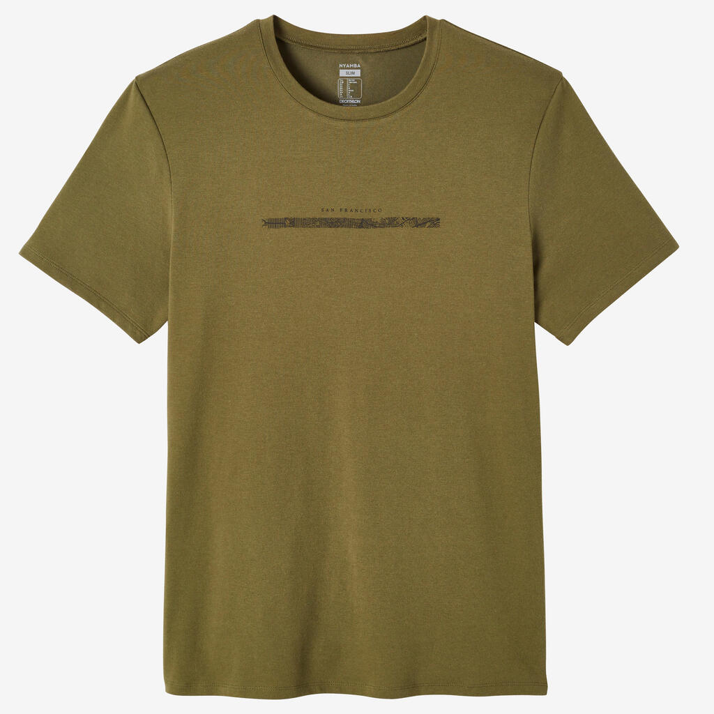 Playera Fitness Hombre Caqui Estampado Manga Corta Ajustada Algodón Cuello Redondo