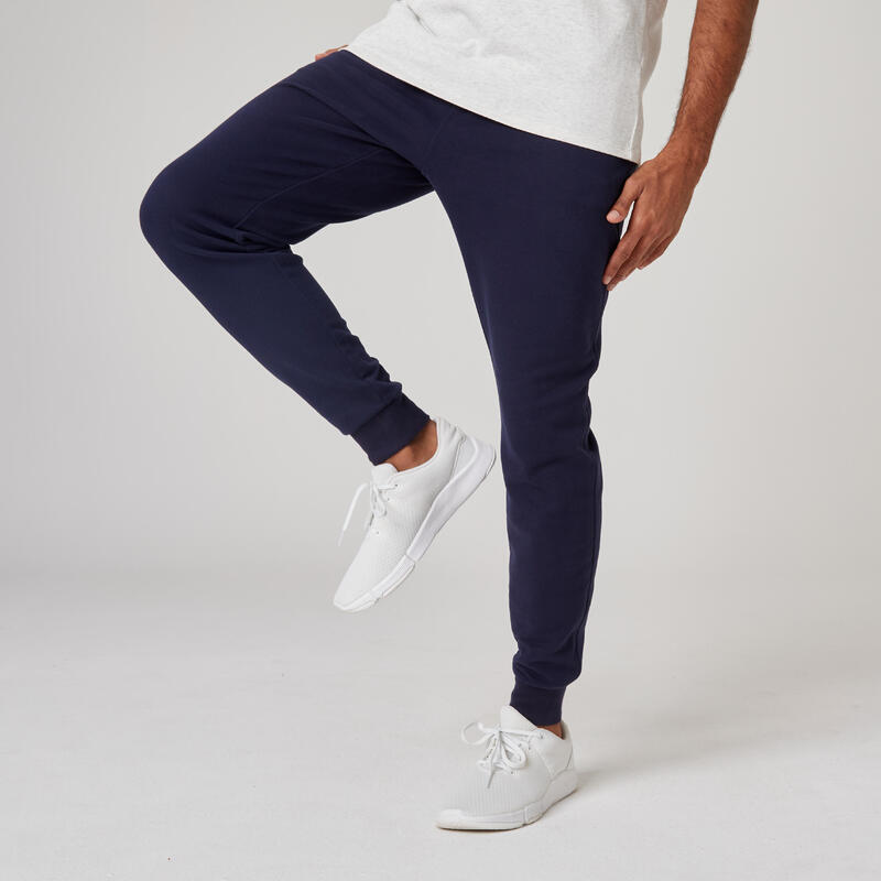 Pantalón chándal fitness algodón ajustado Hombre Domyos 500+ azul
