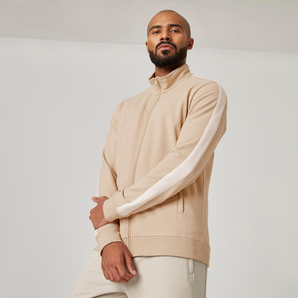 Men's zip-up fitness hoodie 500 - beige/glacier white
