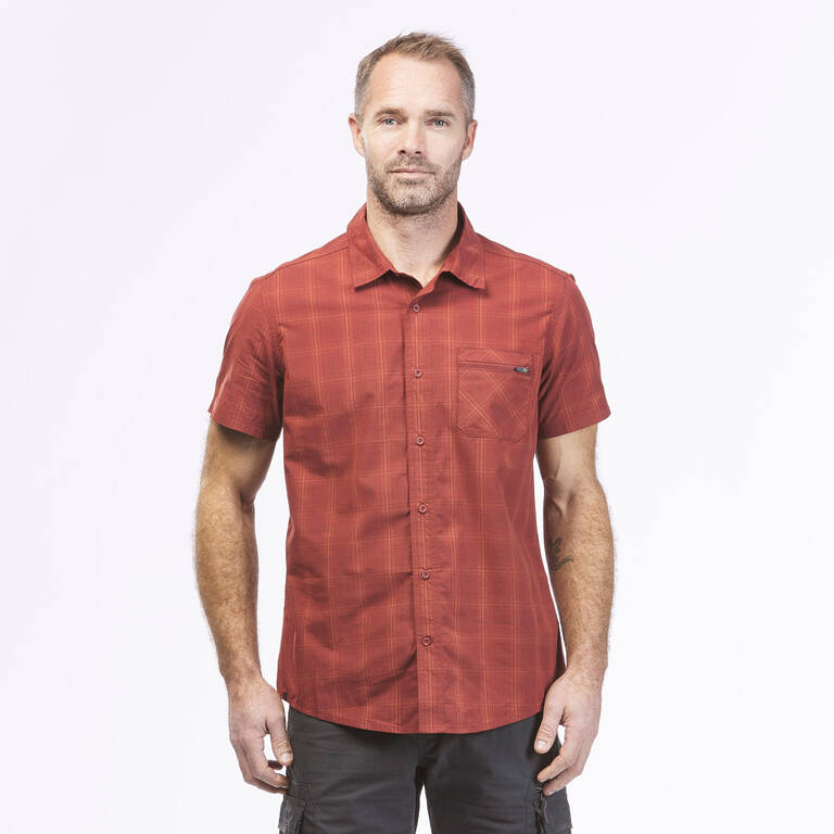 Men Checked Half Sleeve Cotton Shirt Orange - Travel 100