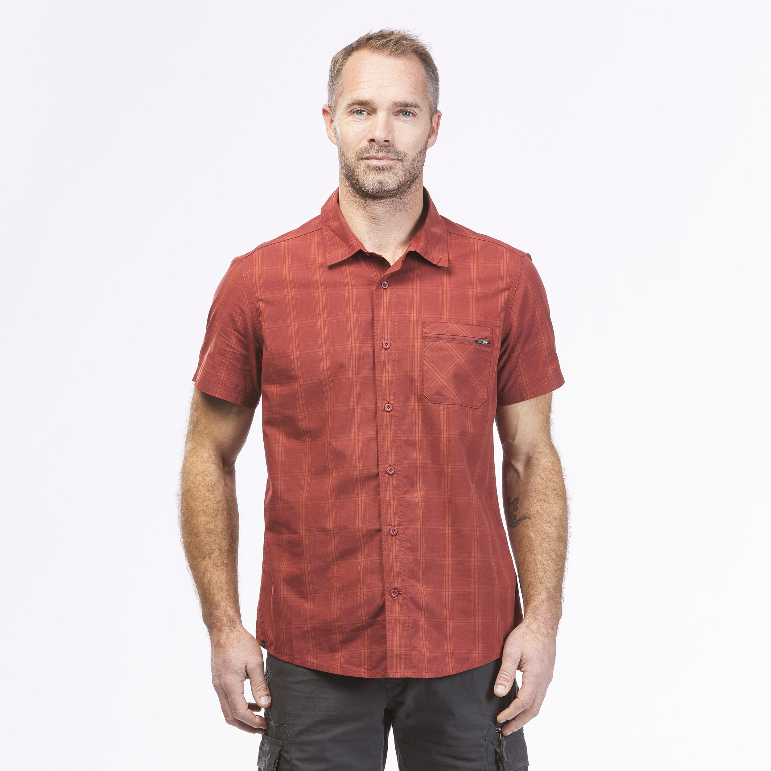 Men’s short-sleeved plan travel trekking shirt TRAVEL 100 red 1/7