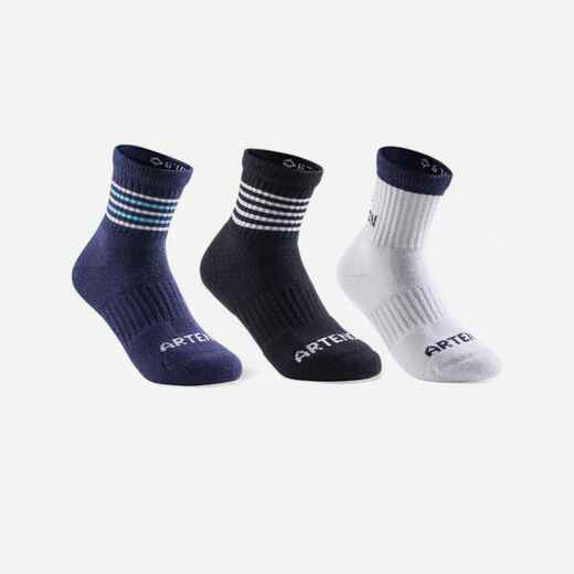 
      CHAUSSETTES DE SPORT ENFANT HAUTES ARTENGO RS 500 MARINE BLANC NOIR  LOT DE 3
  