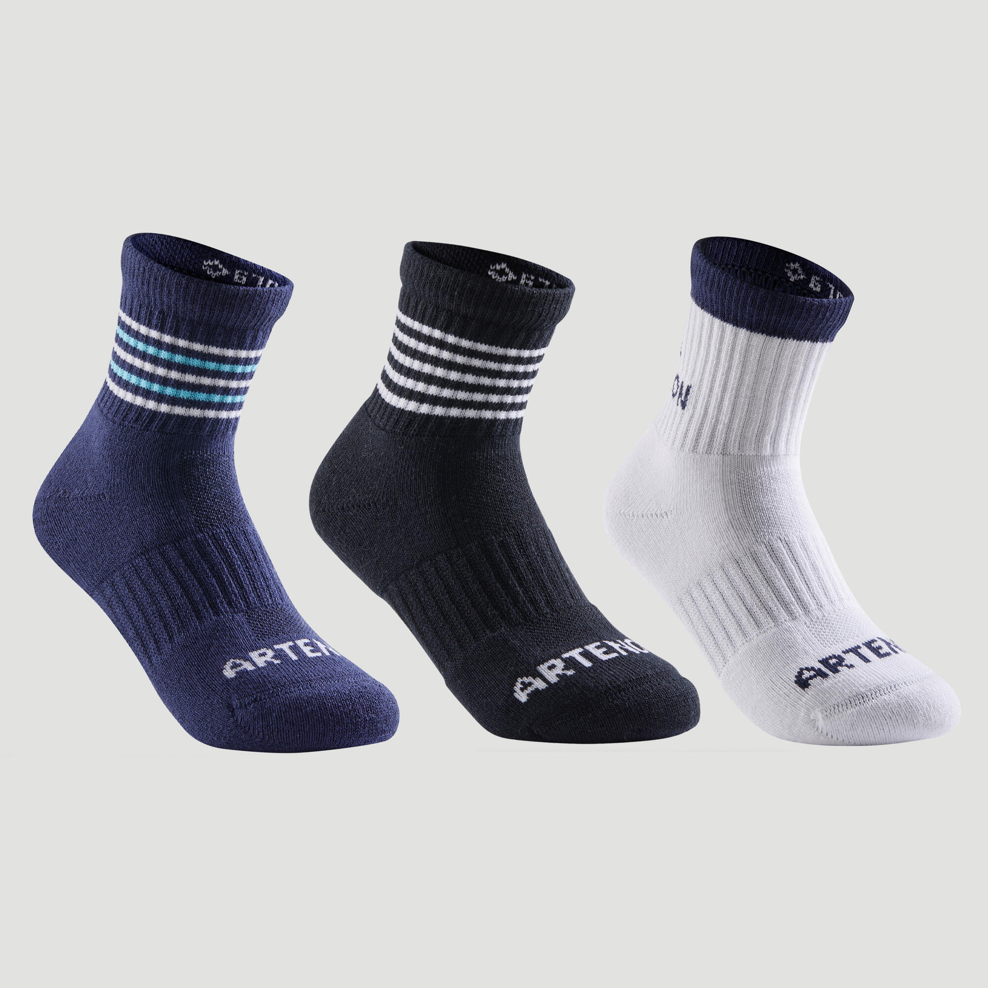 ARTENGO Kids' Mid Sports Socks RS 500 Tri-Pack - Navy/White/Black