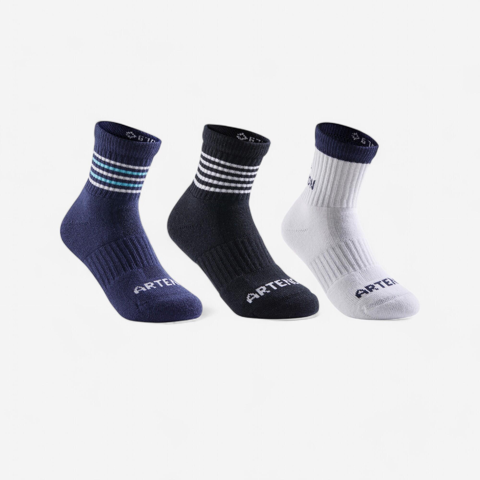 CHILDREN'S HIGH SPORTS SOCKS ARTENGO RS 500 NAVY WHITE BLACK SET OF 3