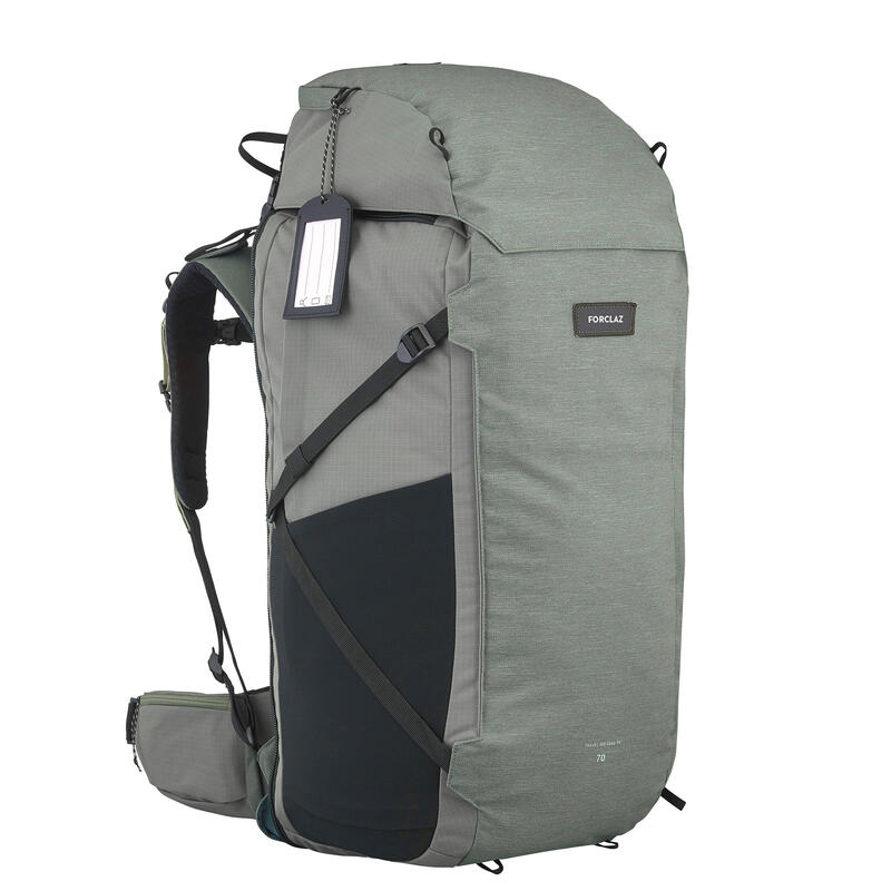 Férfi hátizsák túrázáshoz és utazáshoz, bőrönd típusú nyílással, 70+6 literes