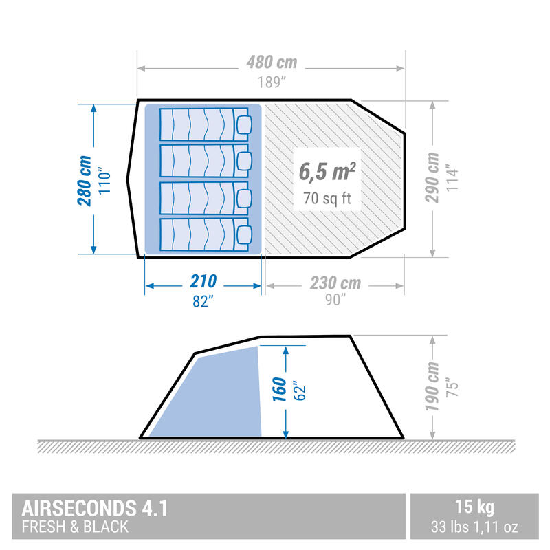 Tenda gonfiabile campeggio AIR SECONDS 4.1 Fresh&Black | 4 persone, 1 Camera
