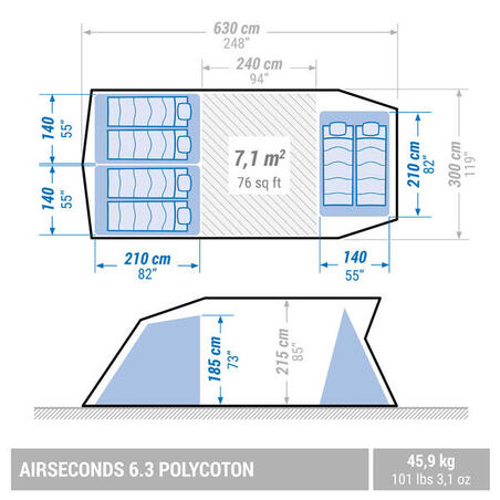 Палатка надувная для кемпинга 6-местная 3-комнатная AirSeconds 6.3 Polycoton