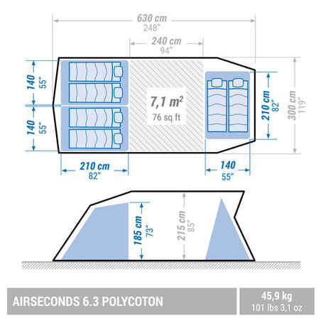 Pripučiama palapinė „AirSeconds 6.3 Polycotton“, šešiavietė, 3 miegamosios erdvės