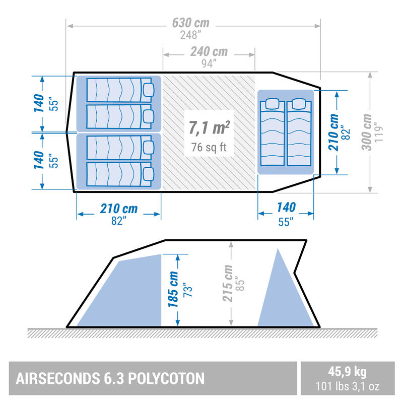 Felfújható sátor kempingezéshez AirSeconds 6.3 polipamut, 6 személyes, 3 hálófülkés