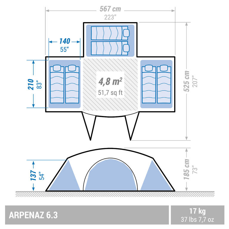 Tenda Camping Keluarga Arpenaz 6.3 - 6 Orang - 3 Kamar