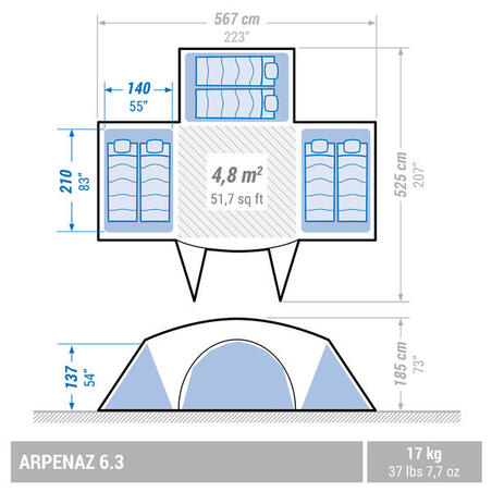 Campingtält med bågar ARPENAZ 6.3 - 6-manna 3 sovrum