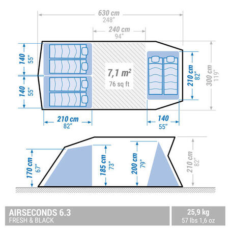 Намет надувний Air Seconds F&B 6.3 для кемпінгу на 6 осіб 3 спальні