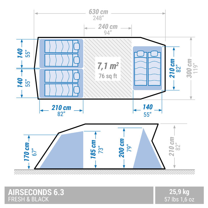 充氣露營家庭帳篷AIR SECONDS 6.3 F&B｜6人用，3間寢室