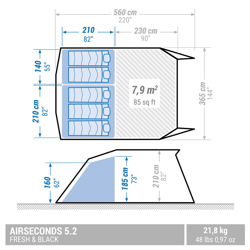 Tenda de campismo com varetas ARPENAZ 5.2 F&B - 5 pessoas - 2 quartos  QUECHUA - Decathlon
