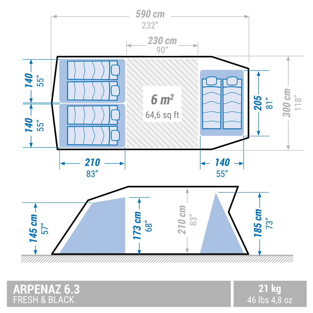 Kempingový stan s prútmi Arpenaz 6.3 F&B pre 6 osôb s 3 spálňami