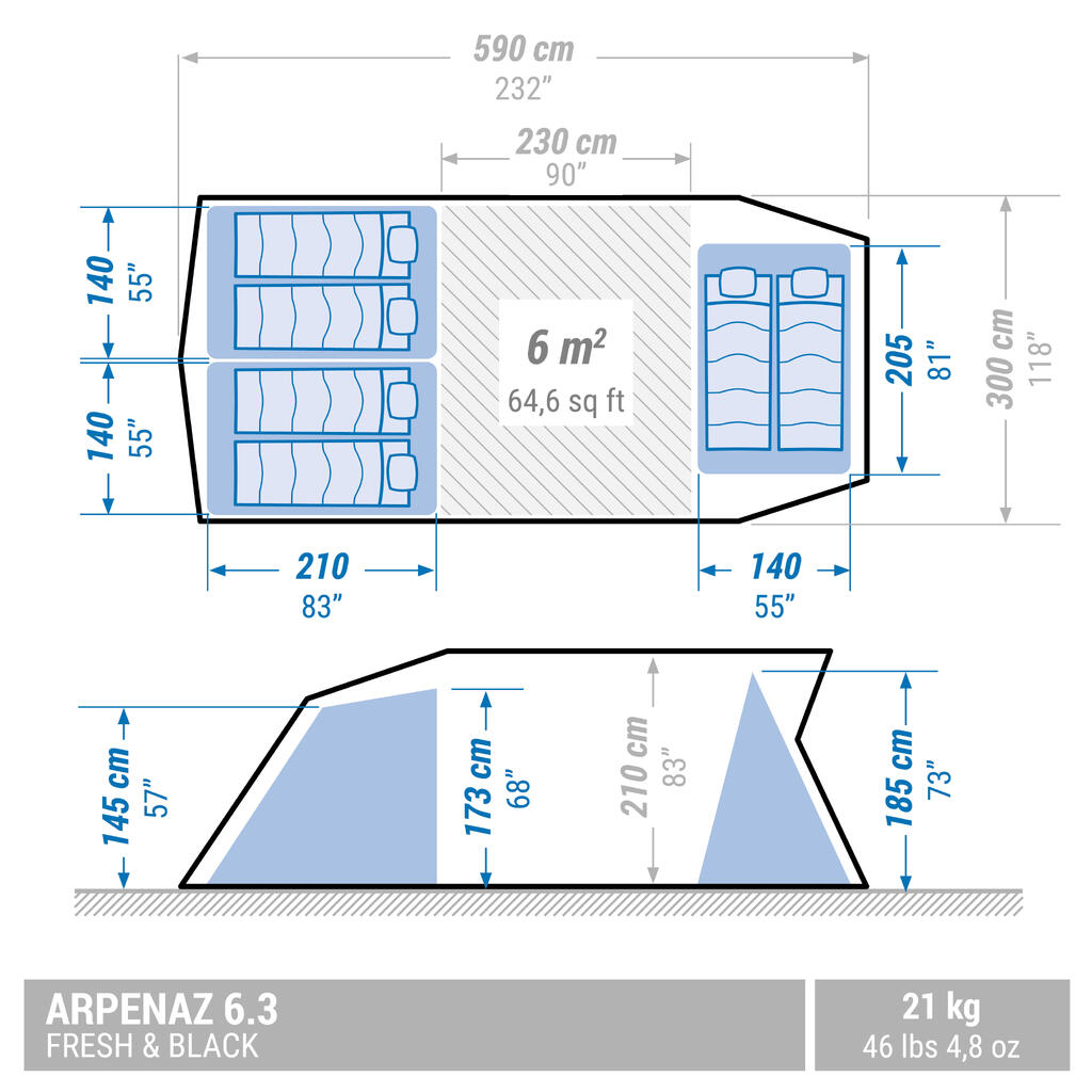 Palapinė su lankais „Arpenaz 6.3 F&B“, šešiavietė, 3 erdvės miegojimui