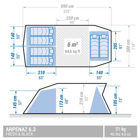 Camping tent with poles - Arpenaz 6.3 F&B - 6 Person - 3 Bedrooms