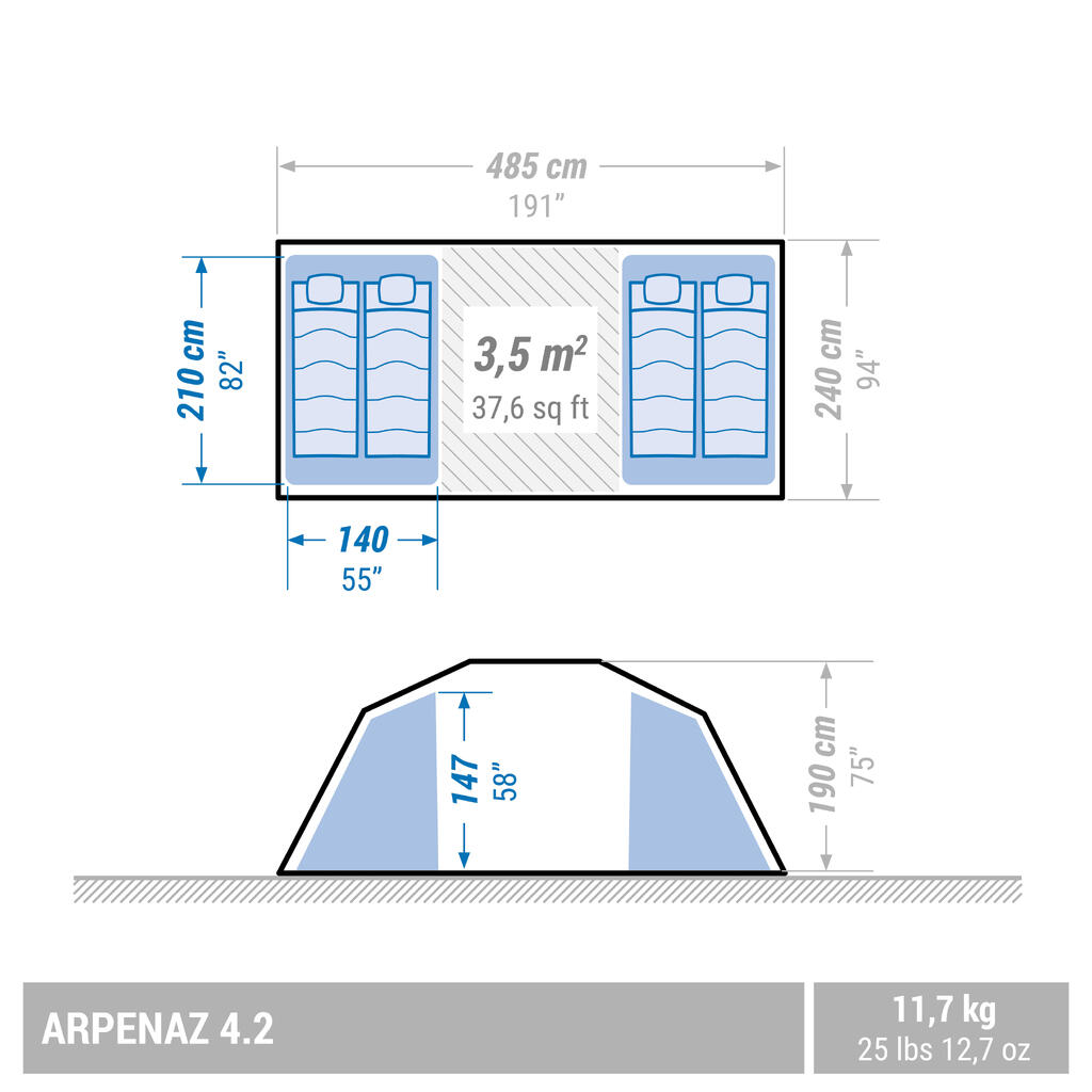 Kempingový prútový stan Arpenaz 4.2 pre 4 osoby s 2 spálňami