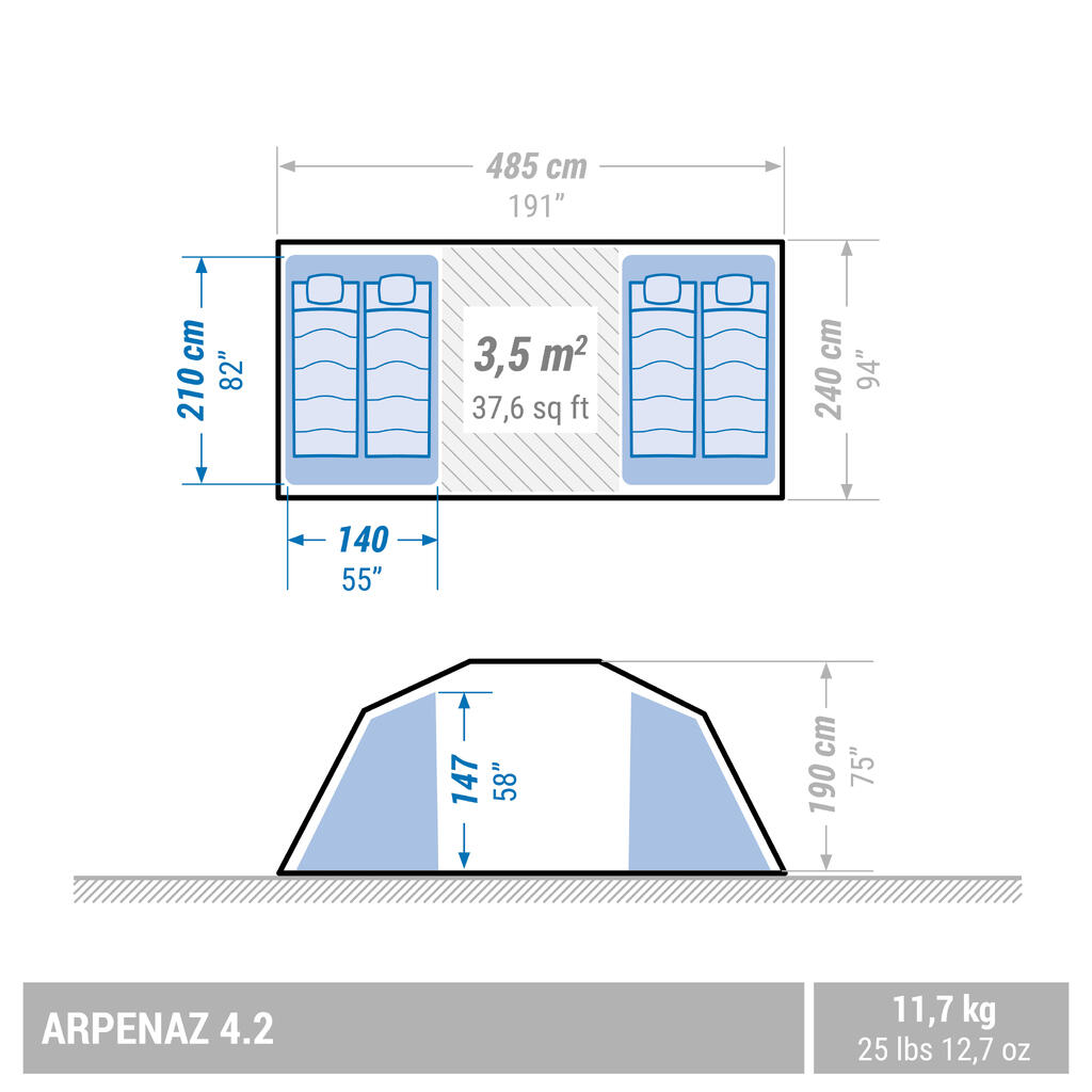 Šeimyninė palapinė su lankais „Arpenaz 4.2“, 4 asm. 2 miegamieji