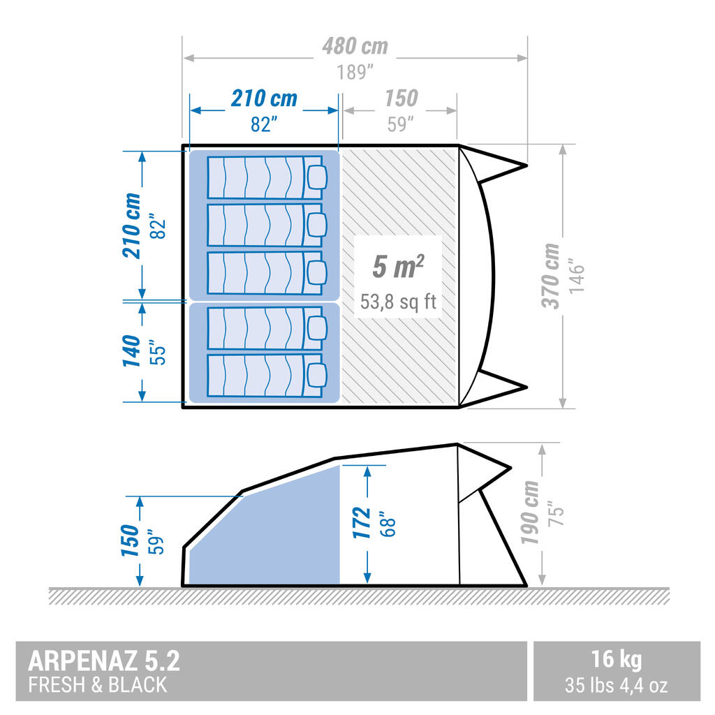 Kempingový prútový stan Arpenaz 5.2 F&B pre 5 osôb s 2 spálňami