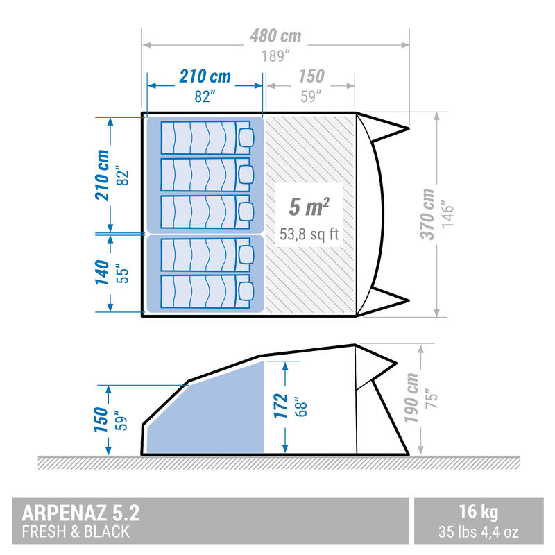 Familienzelt Stangenaufbau Arpenaz 5.2 Fresh & Black für 5 Personen in 2 Kabinen