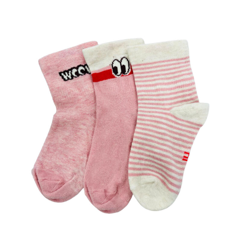 中筒襪 100 三雙入 - 白色／粉色