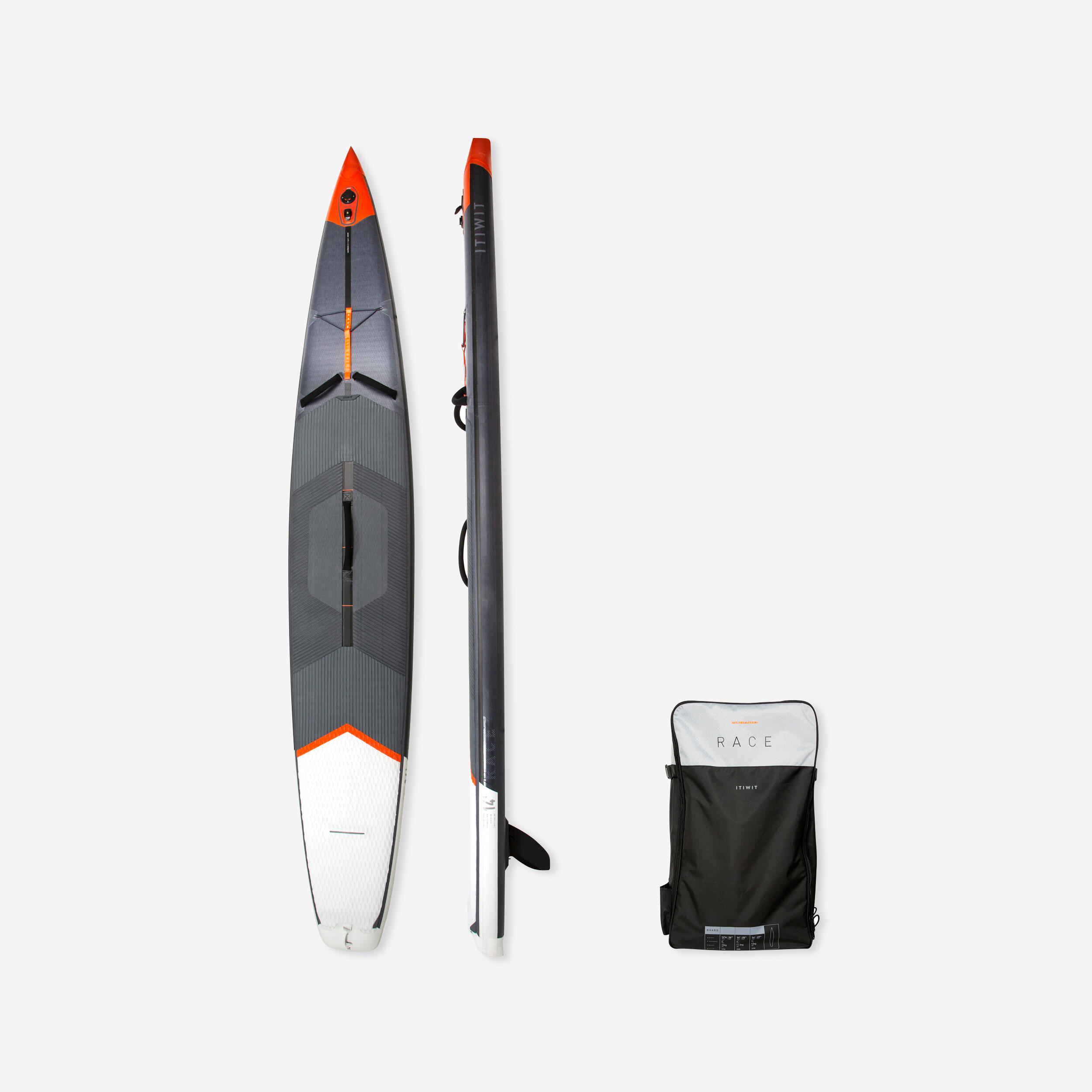 Itiwit - Planche De Stand Up Paddle Gonflable De Course / Race 14'25" - R500 - Planche De Stand Up Paddle - Stand Up Kayak Deriveur - Gris-orange - Taille Unique - Decathlon