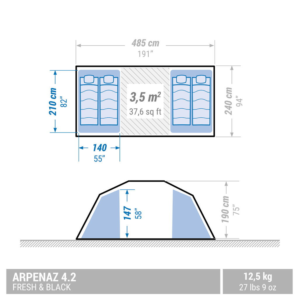 Familienzelt Stangenaufbau 2 Kabinen - Arpenaz 4.2 Fresh & Black für 4 Personen 