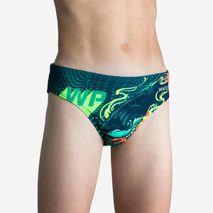 Bañador Slip Waterpolo 500 Niño Azul Oscuro-Turquesa Estampado Shark