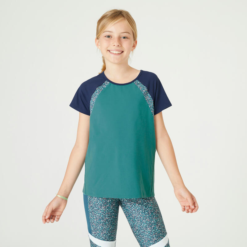 Camiseta gimnasia deportiva manga corta transpirable Niños Domyos S500 verde