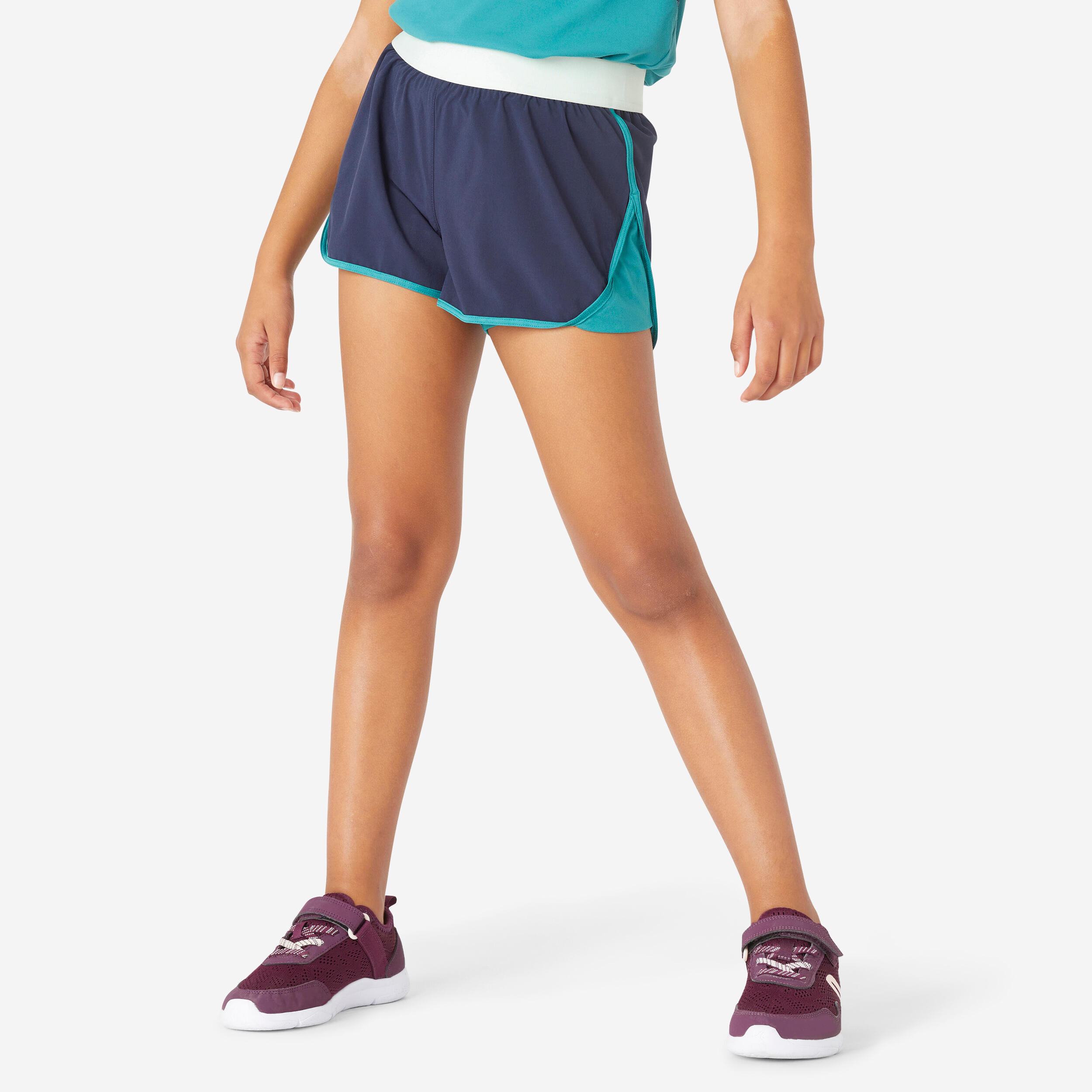 Short 2 en 1 multisport respirant fille bleu vert DOMYOS Decathlon