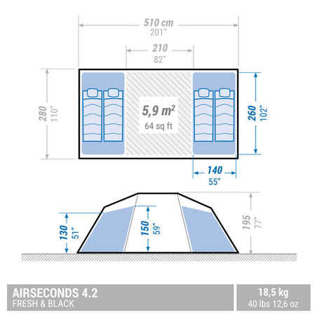 Pripučiama šeimyninė palapinė „Air seconds 4.2 Fresh & Black“ , 4 asm. 2 miegami