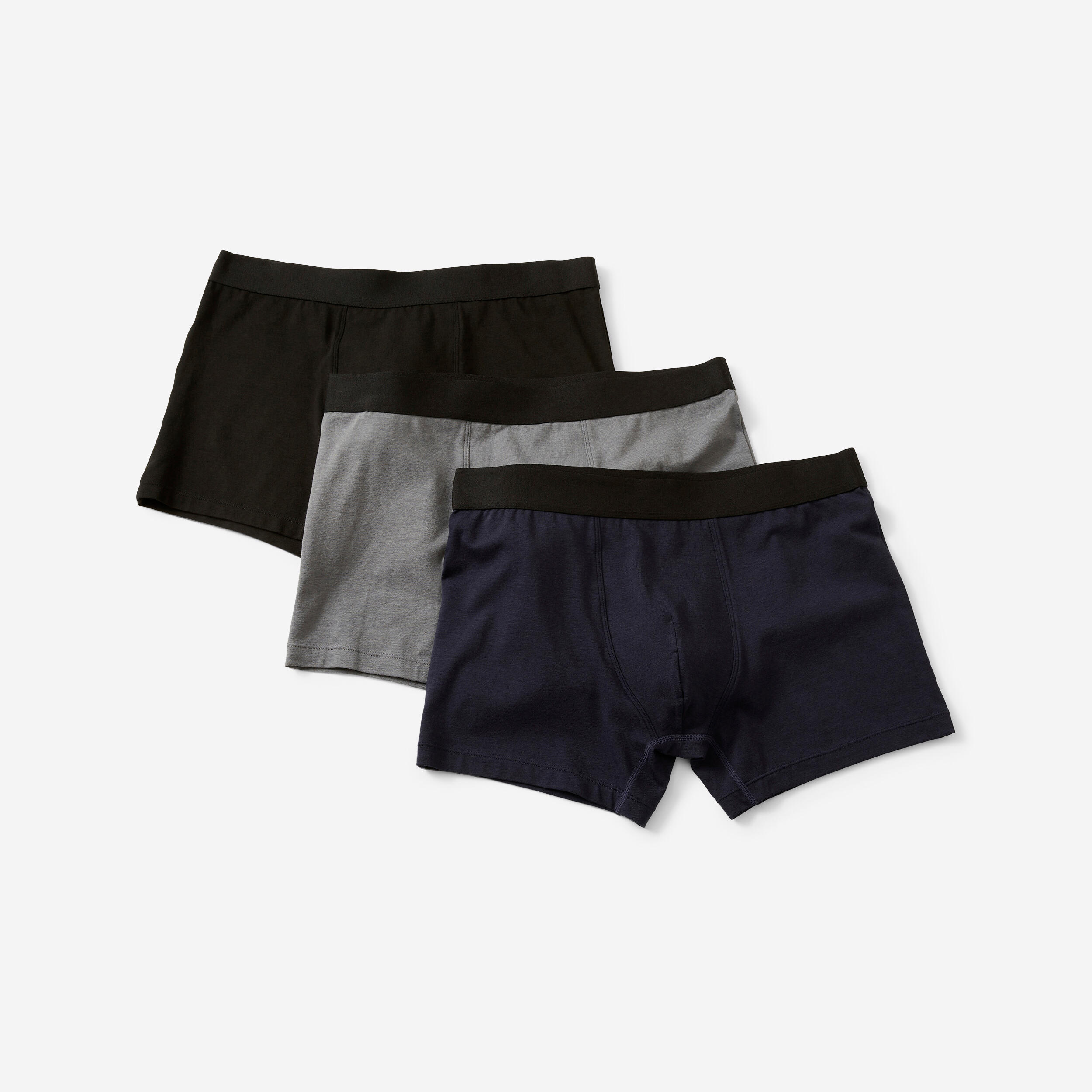 Men s Fitness Boxer Shorts 500 Tri Pack Black Grey Navy Blue