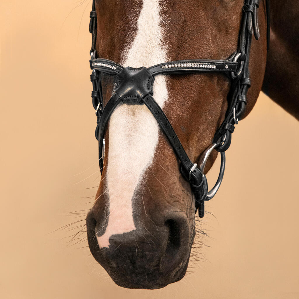 Horse Riding Crossed-Noseband Leather Bridle For Horse and Pony 580 - Black Rhinestone