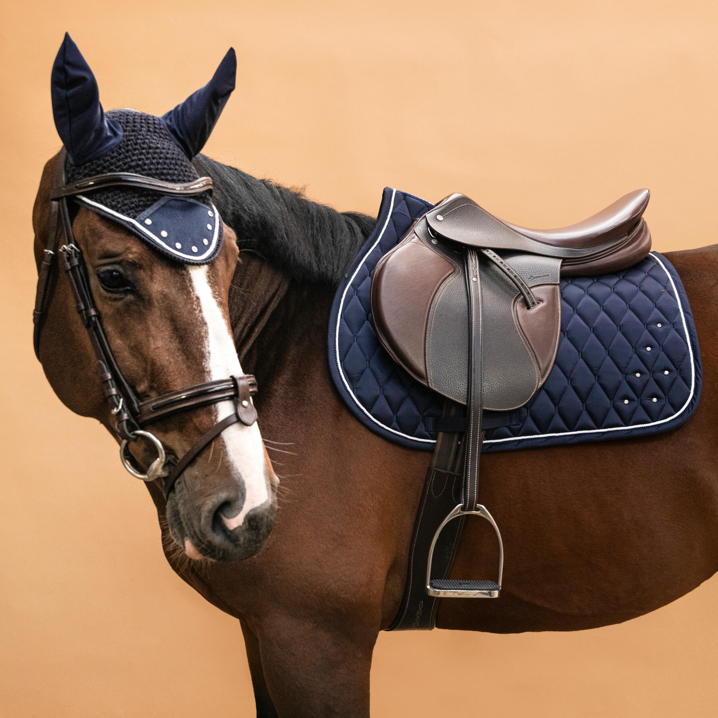 Horse Riding Ear Net - Rhinestones Navy - FOUGANZA