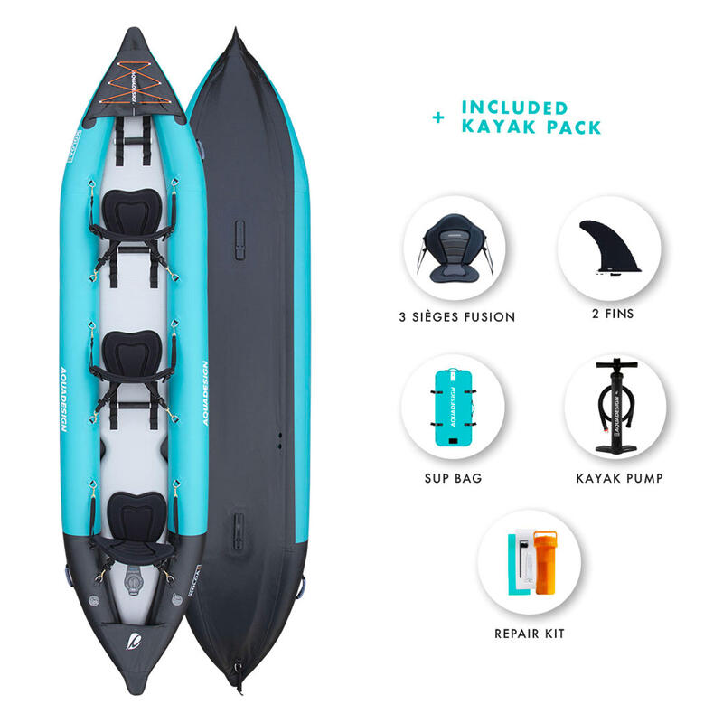 PACK CANOE-KAYAK GONFLABLE DE RANDONNÉE KOLOA 400 - FOND DROPSTITCH 3 PLACES