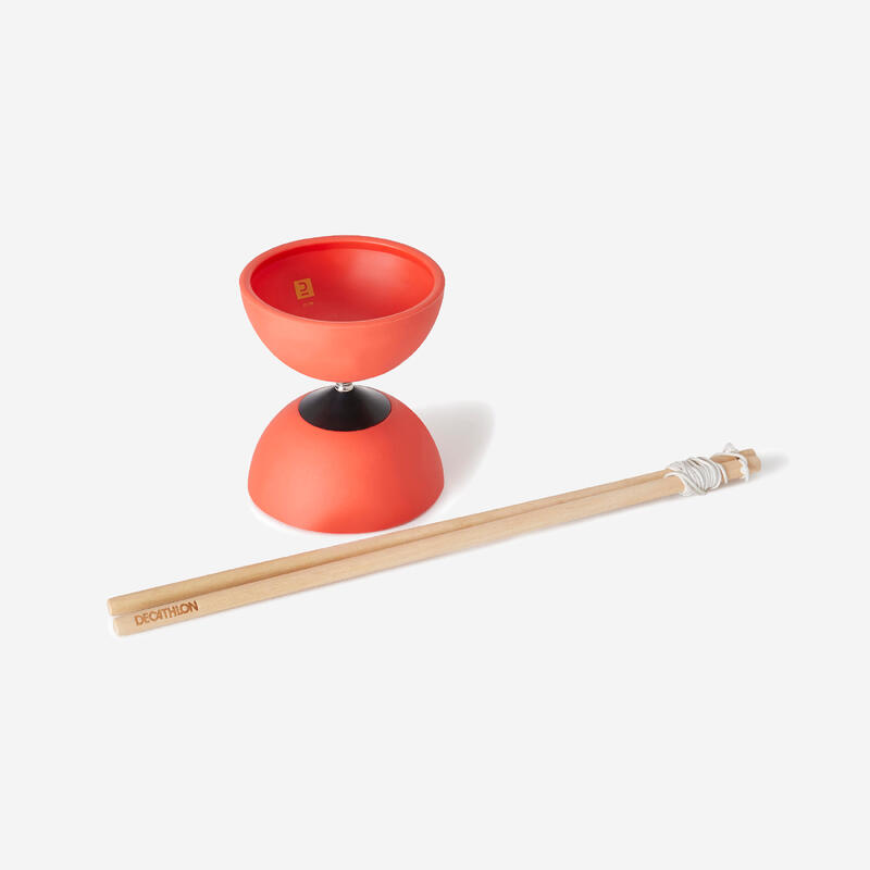 Diabolo voor jongleren 100 rood met houten stokjes