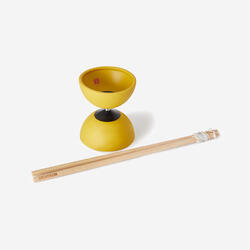Diabolo voor jongleren 100 geel met houten stokjes