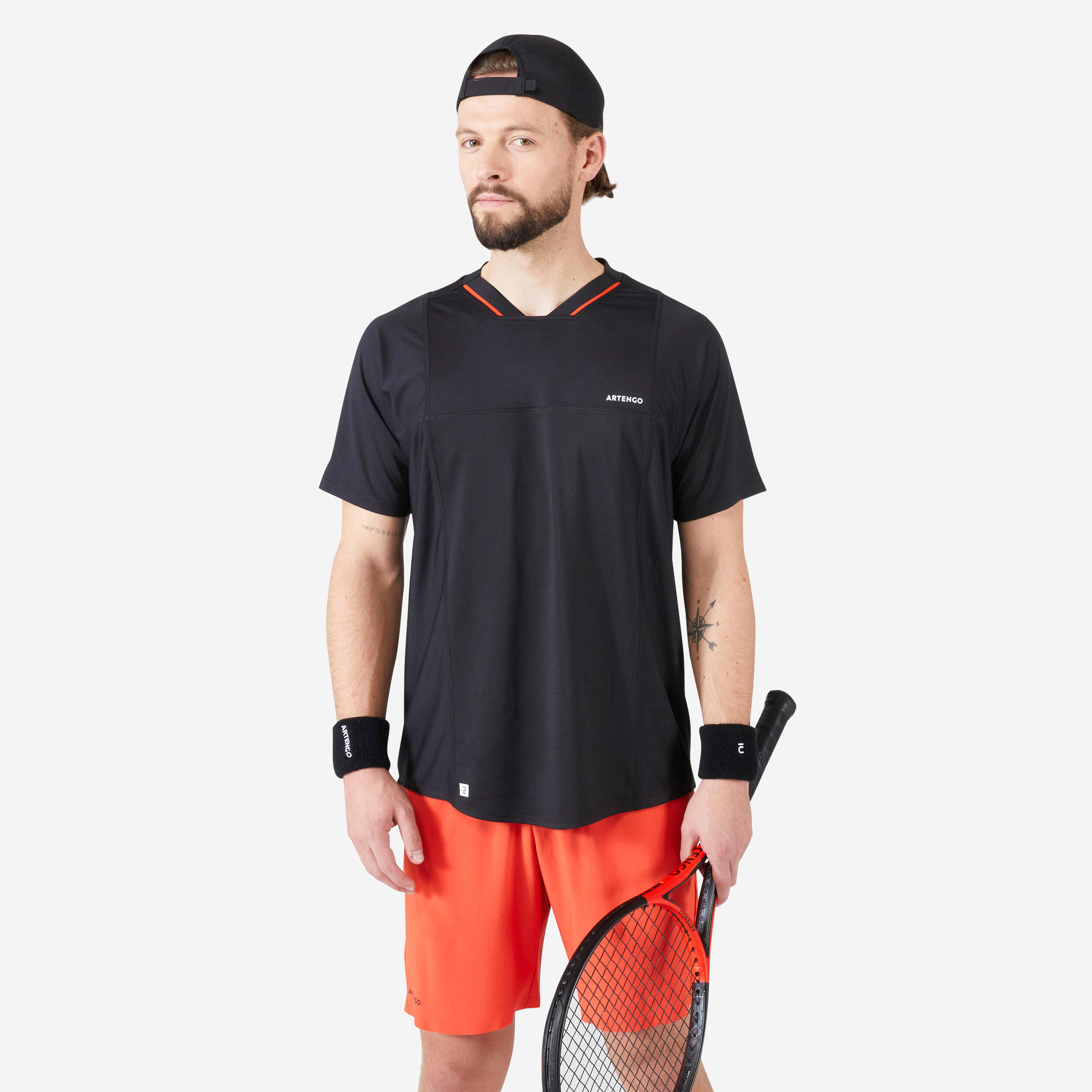 ARTENGO T-Shirt Tennis Manches Courtes Homme - Artengo Dryvn Noir Rouge