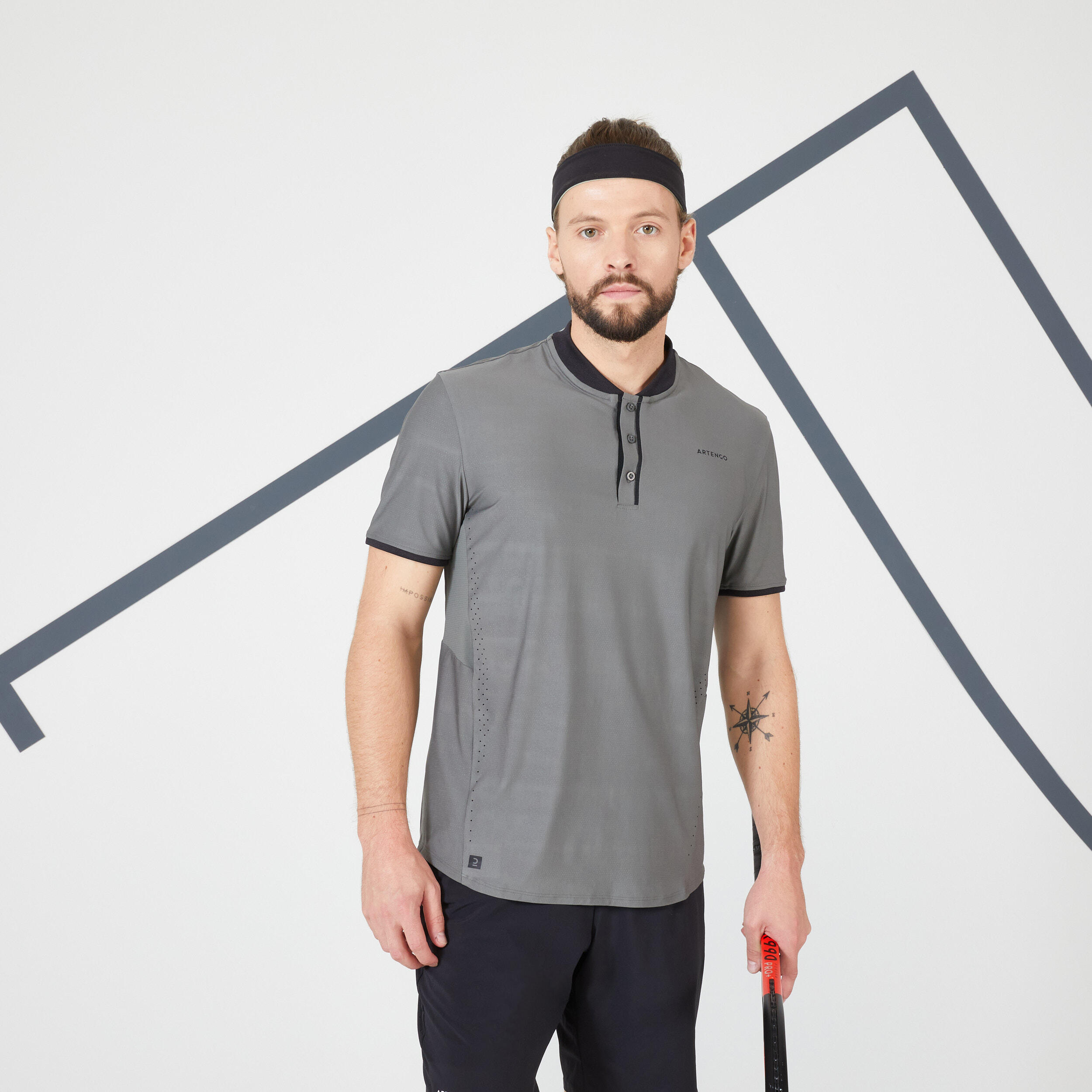 ARTENGO Camiseta de tenis manga corta slim con cuello hombre Artengo TTS Dry gris