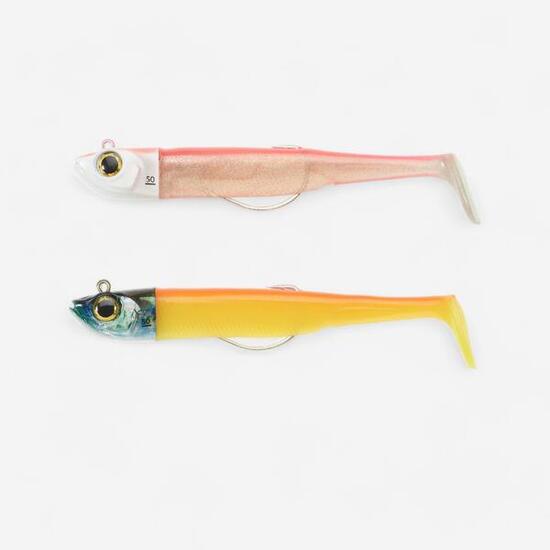 Combo leurres souples shad texan ancho 120 50g rose fluo/ orange pêche en mer