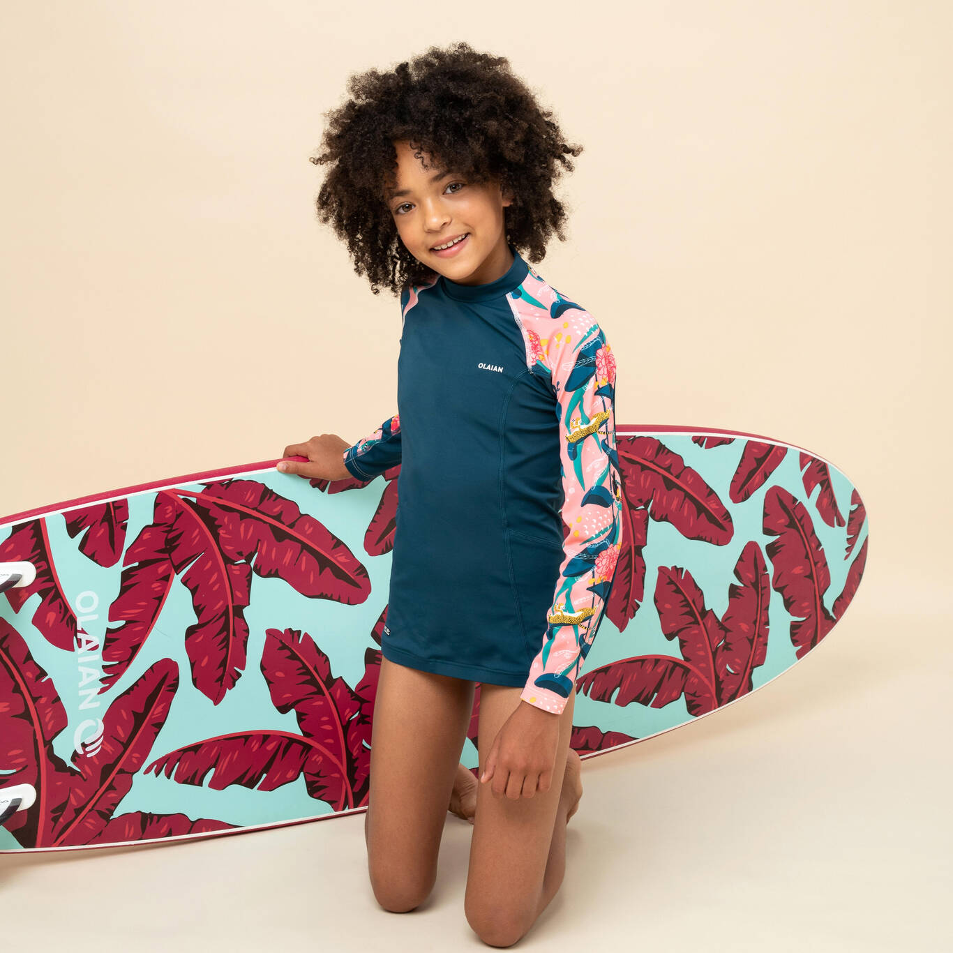 Atasan Surfing Anak Perempuan Lengan Panjang Anti-UV - petrol peony