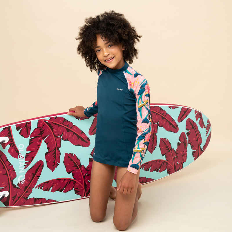 UV-Shirt langarm Kinder UV-Schutz 50+ 500 petrol/rosa