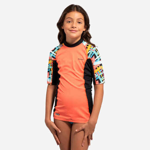 Dievčenské tričko 500 Palm proti UV žiareniu s krátkym rukávom na surf biele