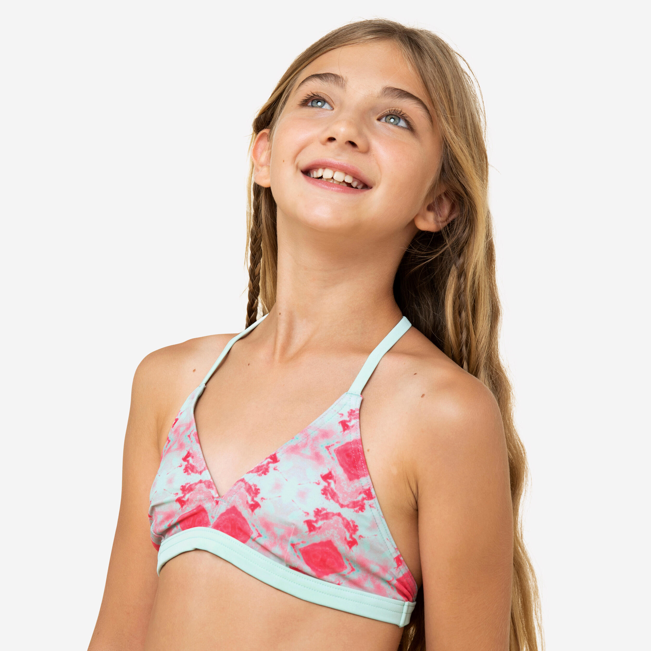haut de maillot de bain surf fille triangle turquoise rose betty 500 - olaian